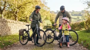 A rider preparing for a countryside weekend ride, highlighting peace of mind provided by electric bike crash detection.