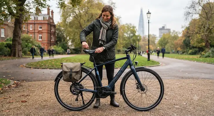 A cyclist adjusting the saddle height of an electric bicycle outside on a British cycling trail, demonstrating proper fit adjustment. fit adjustment electric bicycle