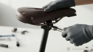 A pair of hands easily attaching the most comfortable ebike saddle onto a standard seatpost clamp.