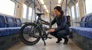 A commuter folding a lit electric commuter bike to take onto a London Underground carriage.