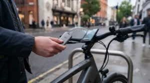 Diagram showing the wireless data transfer between a contactless key fob and an e-bike handlebar sensor.