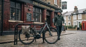 An IP65-rated electric bike parked outside a British cafe, ideal for reliable urban commuting in all seasons.