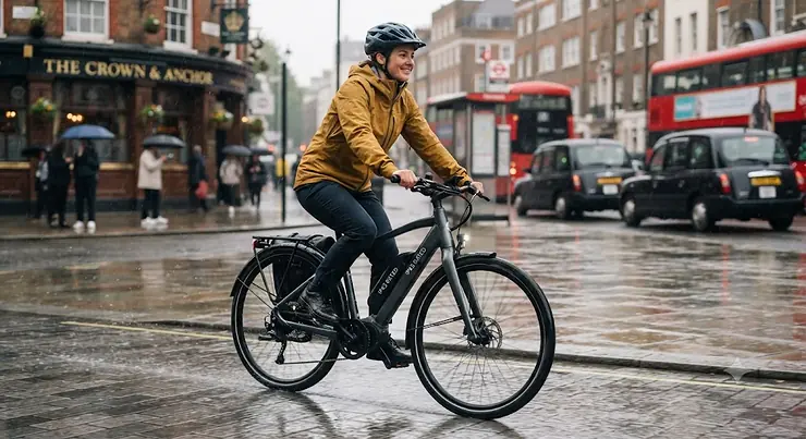 A commuter riding an IP65-rated electric bike through a wet London street, demonstrating waterproof durability for British weather. IP65 rated electric bike