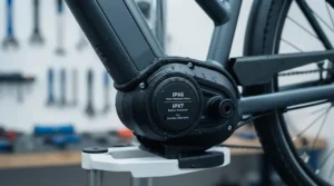 Close-up technical illustration of an ebike frame highlighting IPX-rated waterproof seals protecting the battery and motor against heavy rain.
