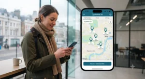 Dashboard interface of an electric bike shared digital key app showing battery levels and available cycle hire locations.