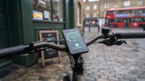Handlebar LED display screen on a modern keyless entry electric bike showing battery level.