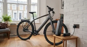 Close-up of the removable battery on a lit electric commuter bike being charged indoors in a UK flat.