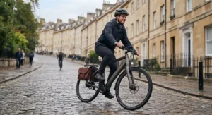 A rider effortlessly cycling a lit electric commuter bike up a steep British urban hill.