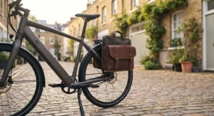 A lit electric commuter bike fitted with a rear pannier rack carrying a waterproof work briefcase.