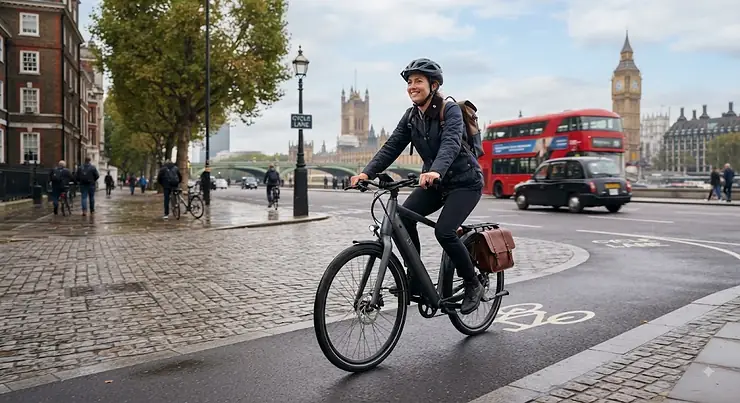 A sleek lit electric commuter bike parked outside a London office building during the British morning rush hour. lit electric commuter bike