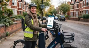 Cyclist wearing a helmet and hi-vis jacket, ready to ride a shared electric bike unlocked via a mobile app.