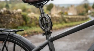 Touring electric bike loaded with pannier bags, featuring a comfort-enhancing suspension seatpost.
