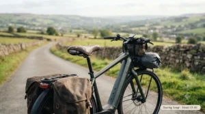 An electric trekking bike rigged with panniers and the most comfortable ebike saddle for weekend cycling trips.