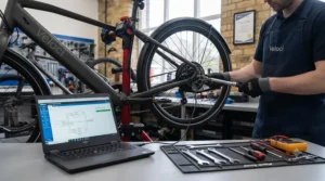 Technician performing a diagnostic check on the electrical system of a keyless entry e-bike.