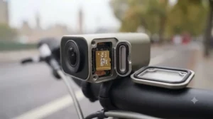 Detail view of the secure, tamper-proof micro SD card slot on an electric bike dash cam for continuous loop recording.