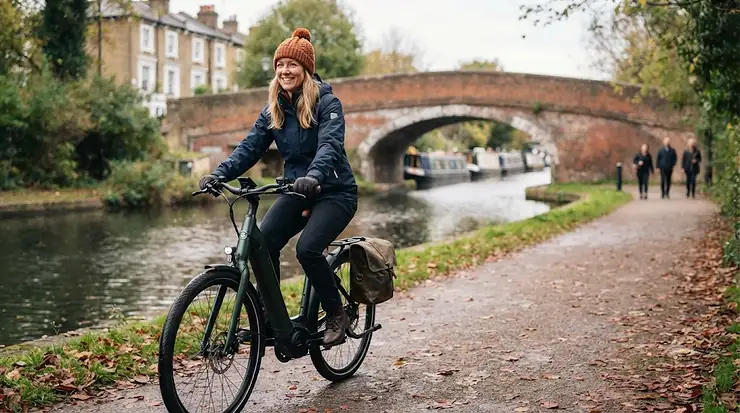 A close-up view of the most comfortable ebike saddle fitted to an electric commuter bike on a London street. most comfortable ebike saddle