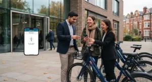 Two colleagues sharing an electric pool bike outside a UK corporate office using a smartphone key sharing app.