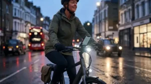 Commuter riding an electric bike with integrated lighting and emergency SOS protection during a wet British evening.
