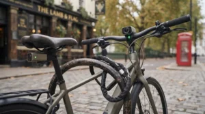 An electric bike locked outside a London cafe with its security dash cam active in parking mode to deter cycle theft.