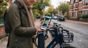 Scanning a QR code on a public hire electric bike frame to instantly download and activate the digital key app.