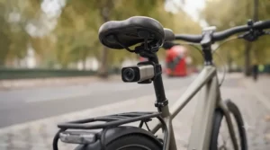Rear-facing dash cam mounted under the saddle of an electric bike, providing comprehensive hazard detection for city cycling.