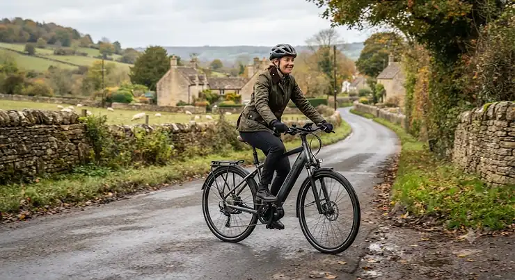 Side-by-side comparison illustrating rider posture on a rigid seatpost versus a suspension seatpost on rough terrain. suspension seatpost electric bike