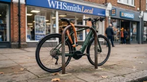A fully insured electric bike safely locked to a cycle rack outside a British high street shop.