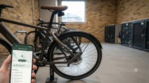 Close-up of an integrated smart security lock and GPS tracker on a keyless electric bike.