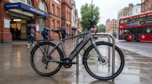 An electric bike securely parked and locked outside a London underground station.