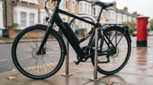 A secure electric bike equipped with GPS and tracking technology locked safely to a metallic cycle stand on a paved pavement.