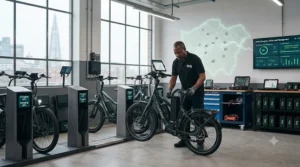 Electric delivery cargo bike parked inside an urban consolidation hub for fleet charging and maintenance.