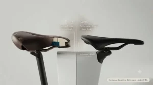 Side-by-side comparison showing a narrow stock saddle next to the wider, most comfortable ebike saddle.