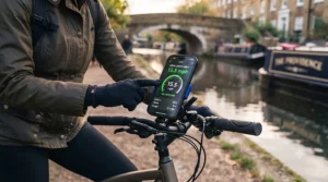 Infographic illustrating the UK legal e-bike speed limit of 15.5 miles per hour.