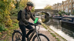 Cyclist riding an electric bike on a British road compliant with speed laws.