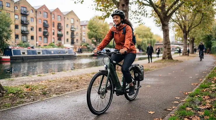 Commutant navigating city traffic on a fully insured electric bike during rush hour. fully insured electric bike