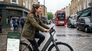 Cyclist riding a keyless entry electric bike through a busy British city centre during rush hour.