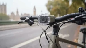 An electric bike fitted with a weatherproof dash cam riding through typical British rain, highlighting its IP-rated durability.