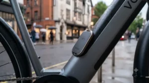 A durable, weatherproof NFC key fob resting on the frame of an electric bicycle.