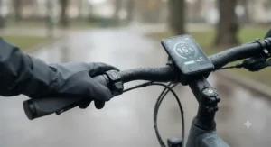 Weatherproof LCD display screen on an IP65-rated electric bike operating smoothly during a rain shower.