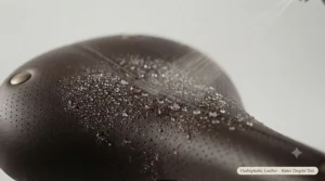 Water droplets beading off the weather-resistant cover of the most comfortable ebike saddle during a typical British drizzle.