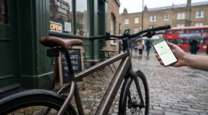 A keyless entry electric bike parked safely in the rain outside a British café.