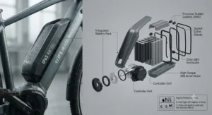 Infographic explaining IP65 ingress protection ratings for electric bikes, highlighting dust and water resistance.