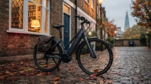 Cyclist wearing waterproof gear riding an all-weather ebike past iconic British architecture during an autumn drizzle.