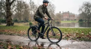 Winter cycling on a belt drive electric bike through a park, showing resistance to rust and road salt.