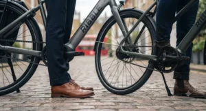 Comparison showing oil-free belt drive trousers protection versus a traditional chain oil stain on a commuter's leg.