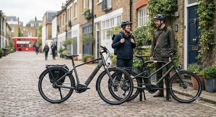 Comparison of a belt drive and a hub gear electric bike parked on a London street, highlighting modern drivetrain options for UK commuters. belt drive vs hub gear electric bike