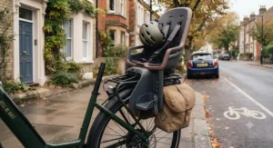 A safety-certified child seat securely mounted onto the integrated rear rack of a British-spec electric bike.