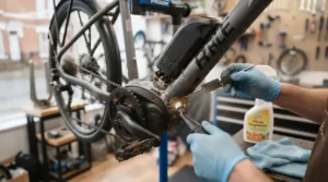 Mechanic thoroughly cleaning and degreasing an electric bike frame outdoors in the UK to prep for anti-rust treatment.