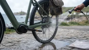 Rinsing salt spray off an electric bike with fresh water after a ride along the British coast.