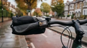Close-up of handlebar controls showing the digital settings for an electric bike with heated grips.
